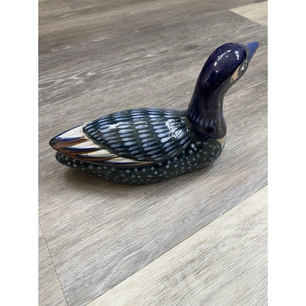 Vintage Mexican Art Pottery TONALA With Brass Duck 9” x 5” Hand Painted - Picture 3 of 9